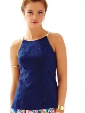 Lilly Pulitzer Annabelle top True Navy Jumbo Sunflower Eyelet Halter Tank Top 0